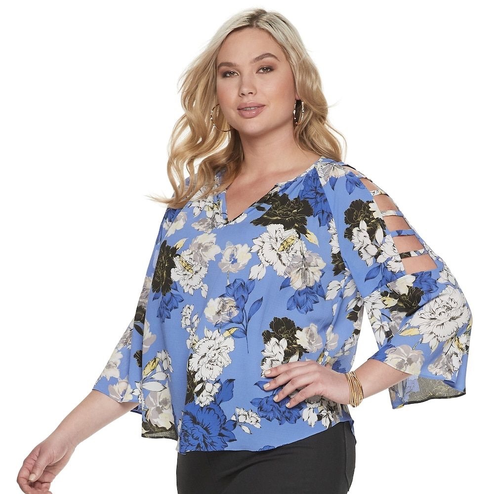 Blue floral cut out baby doll sleeve top never worn